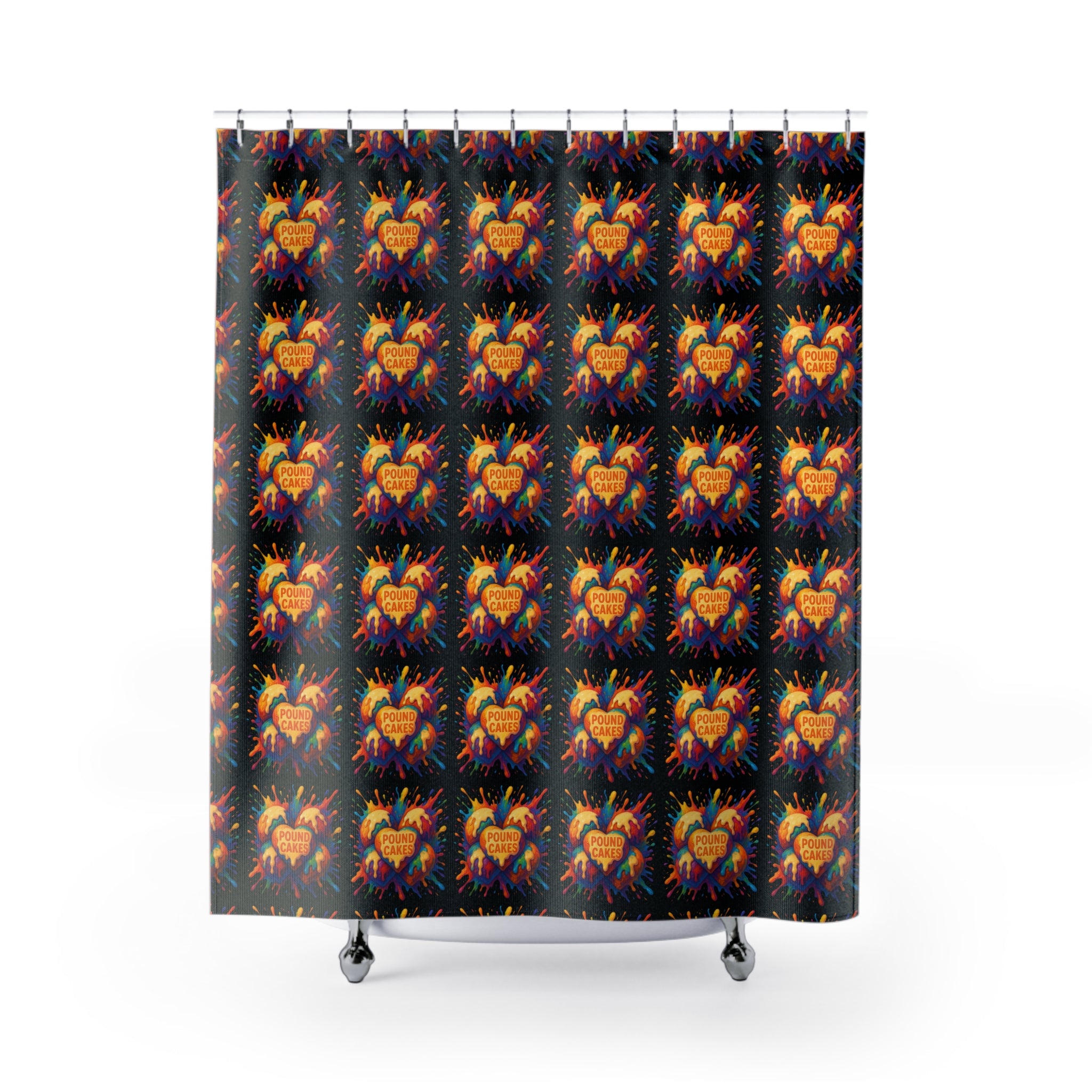 "Pound Cakes" Heart Shower Curtain — Bold Retro Pop Art Bathroom Decor