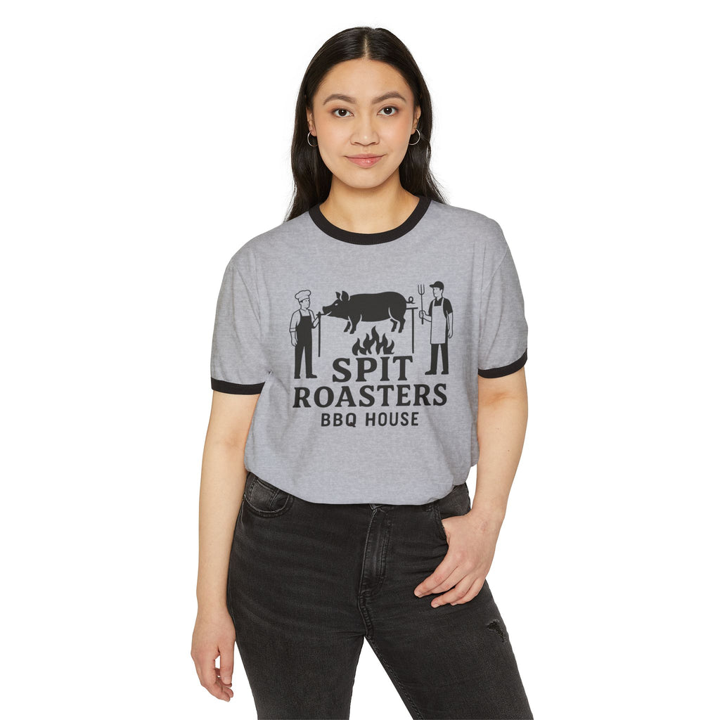 Spit Roasters BBQ House Ringer T-Shirt — Vintage BBQ Pig Roast Tee