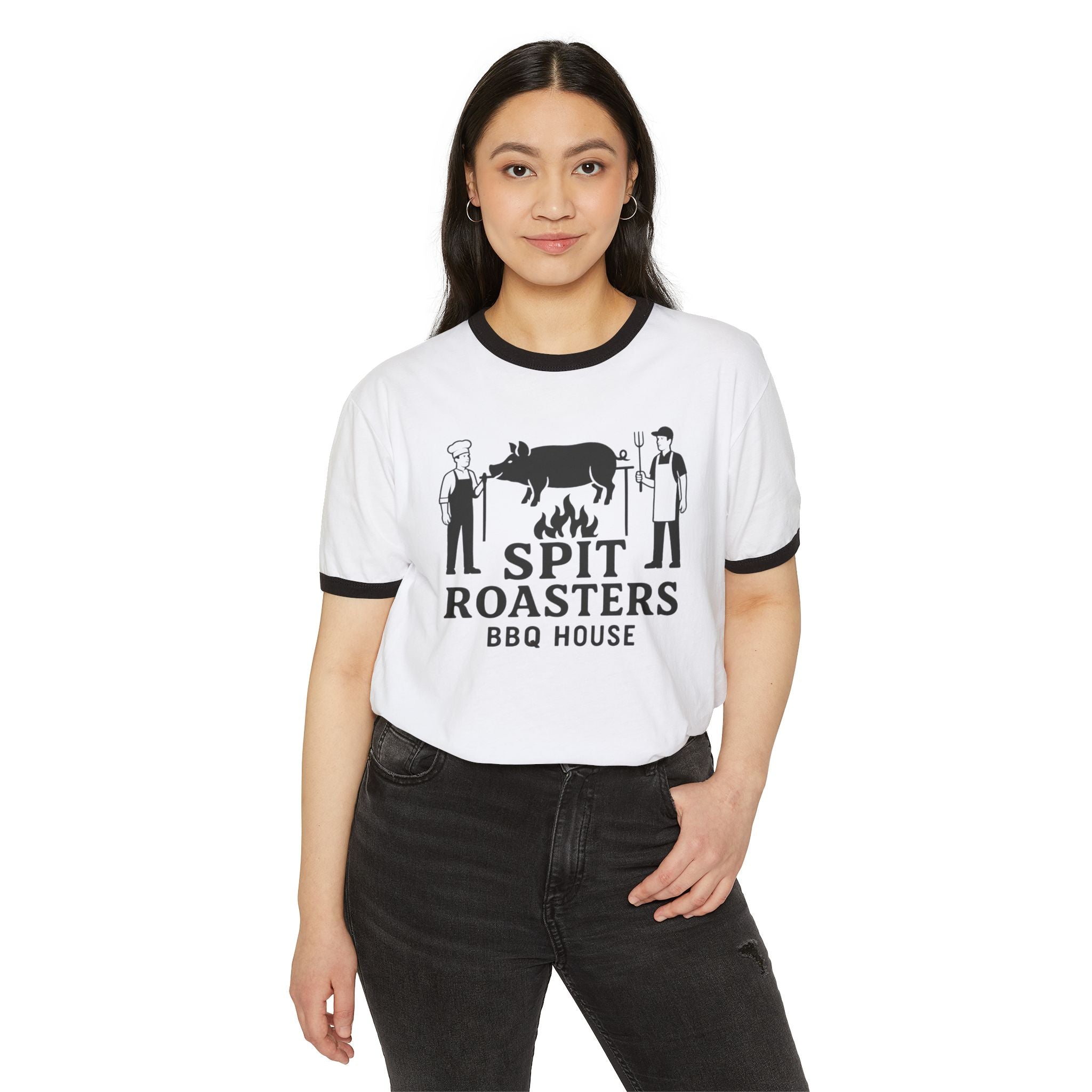 Spit Roasters BBQ House Ringer T-Shirt — Vintage BBQ Pig Roast Tee