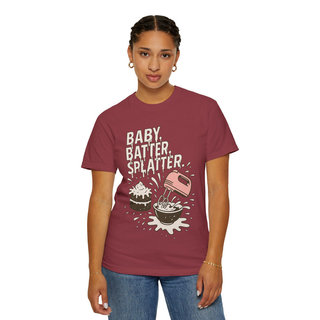 Baking Graphic T-Shirt — “Baby, Batter, Splatter” Cute Mixer & Cake Tee