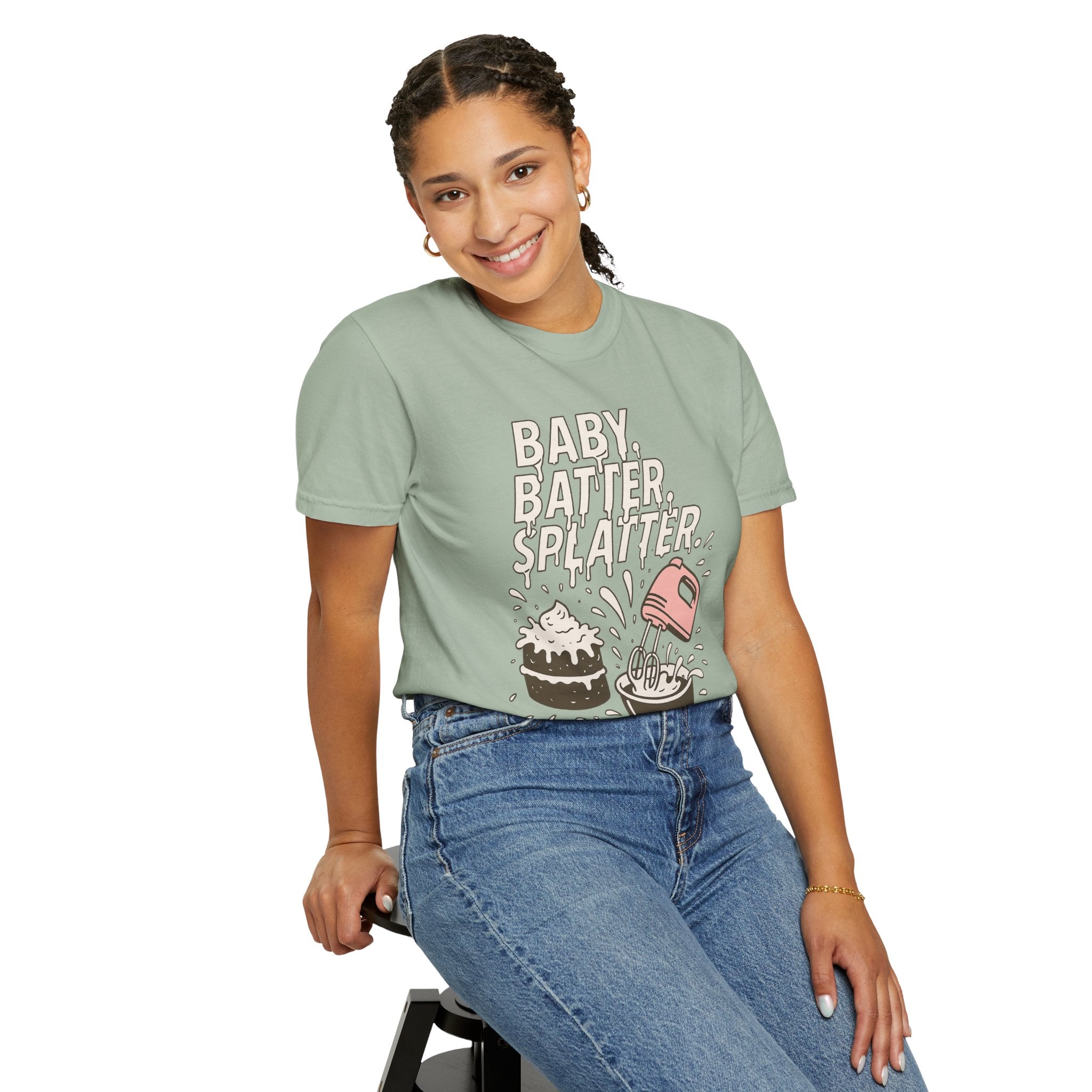 Baking Graphic T-Shirt — “Baby, Batter, Splatter” Cute Mixer & Cake Tee