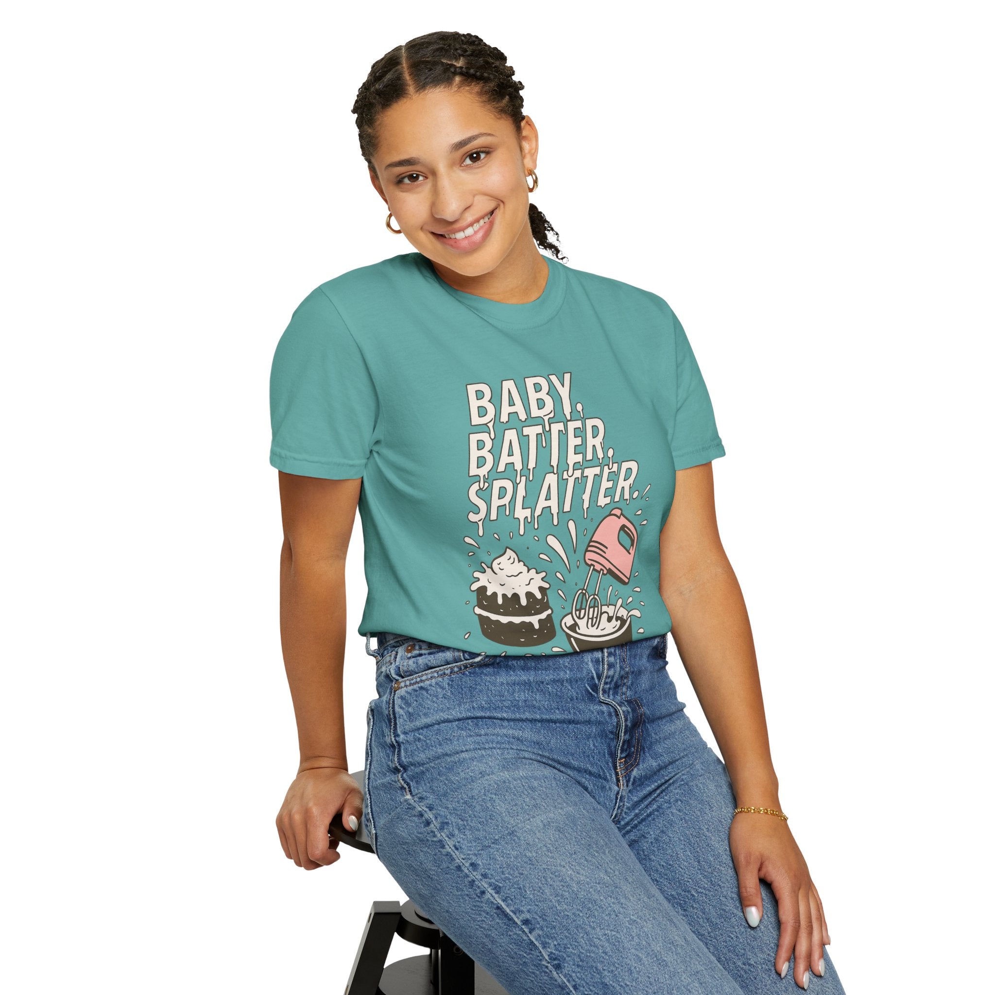 Baking Graphic T-Shirt — “Baby, Batter, Splatter” Cute Mixer & Cake Tee