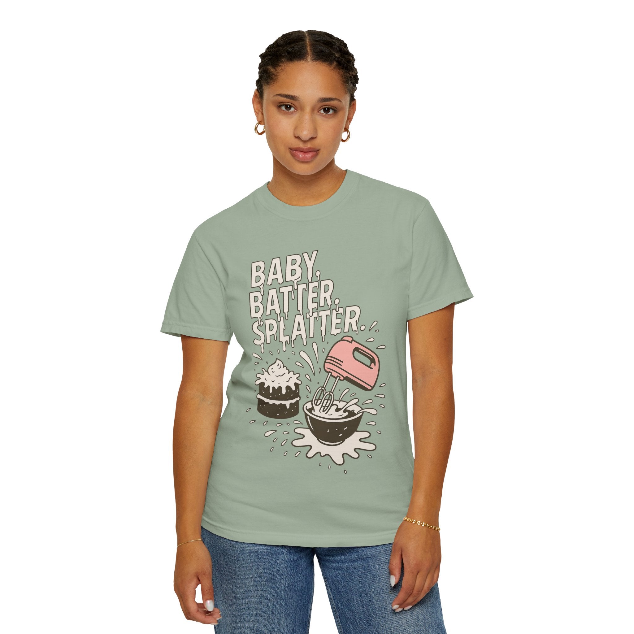 Baking Graphic T-Shirt — “Baby, Batter, Splatter” Cute Mixer & Cake Tee