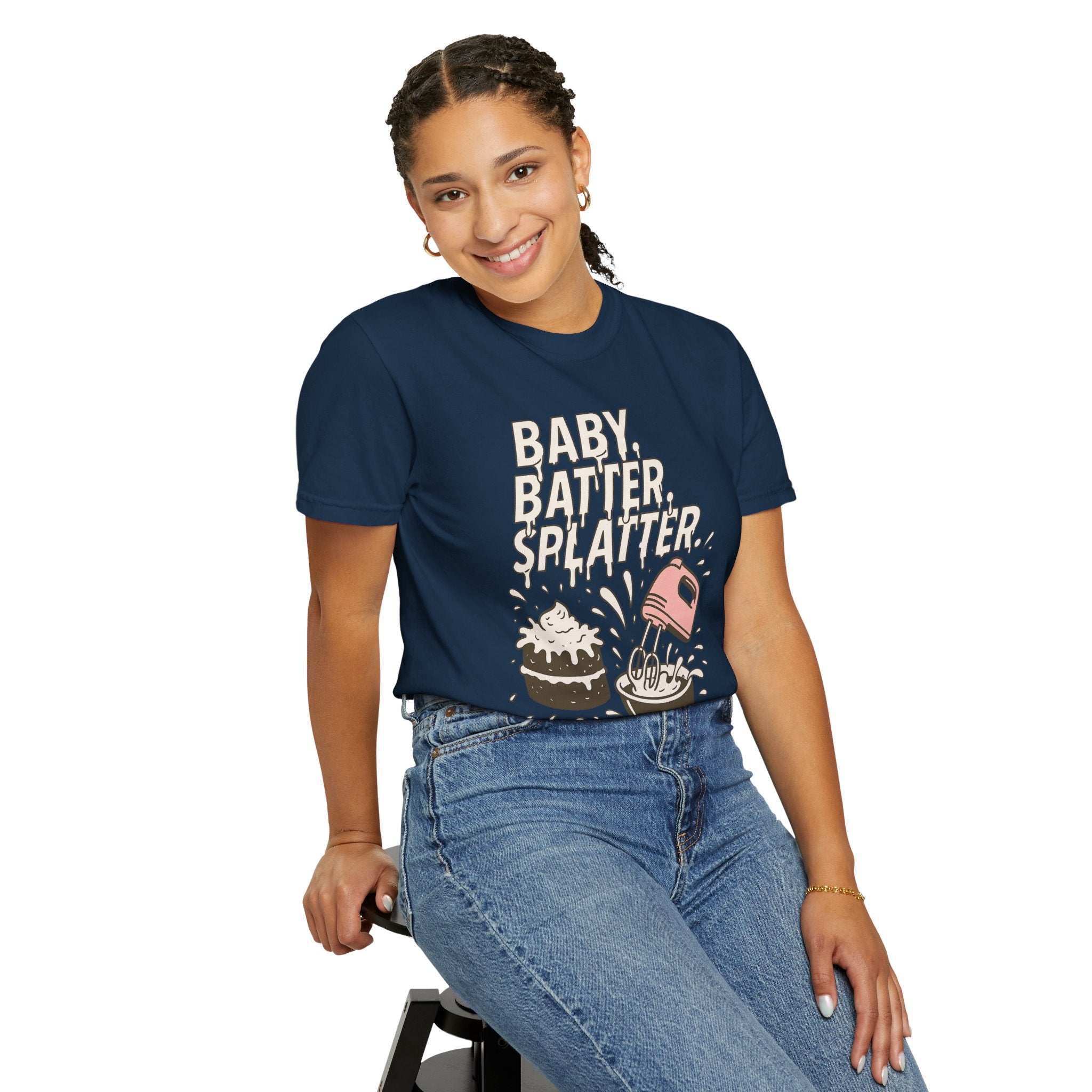 Baking Graphic T-Shirt — “Baby, Batter, Splatter” Cute Mixer & Cake Tee