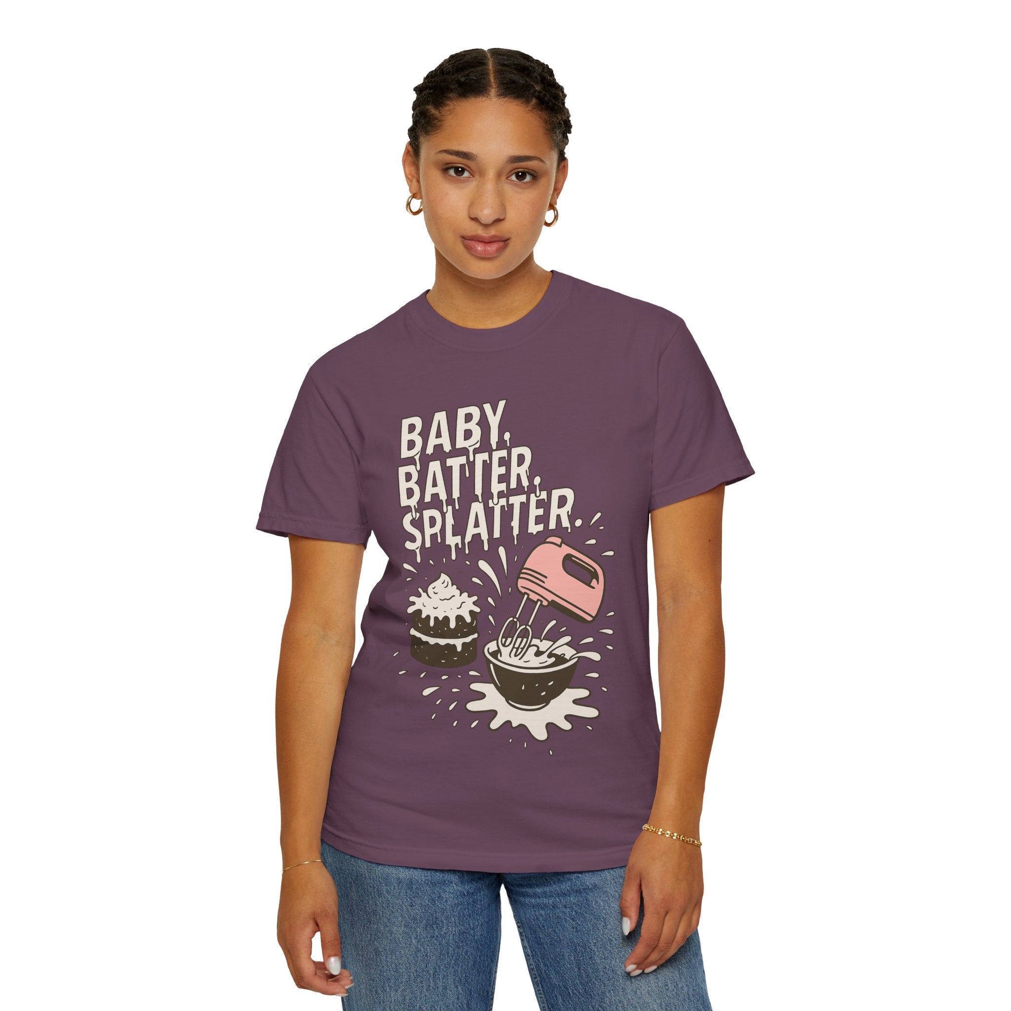 Baking Graphic T-Shirt — “Baby, Batter, Splatter” Cute Mixer & Cake Tee