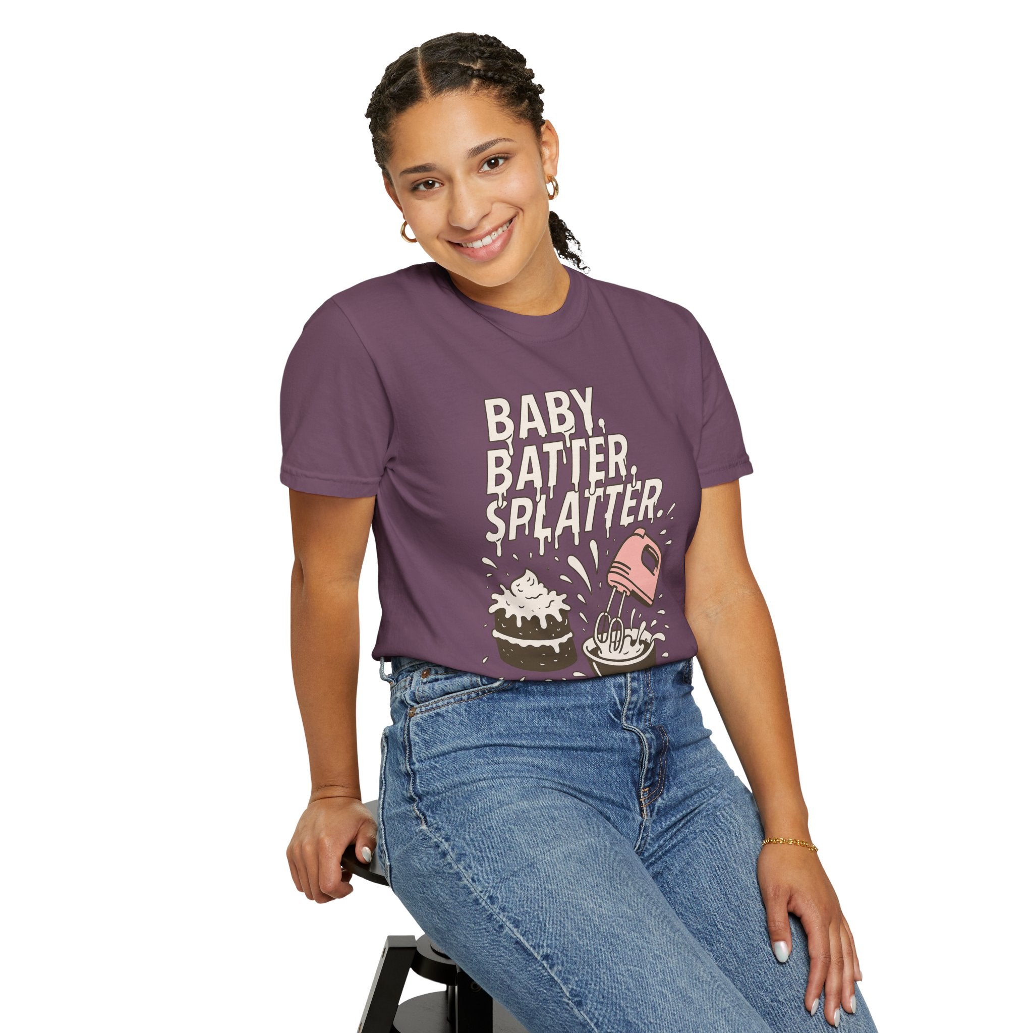 Baking Graphic T-Shirt — “Baby, Batter, Splatter” Cute Mixer & Cake Tee