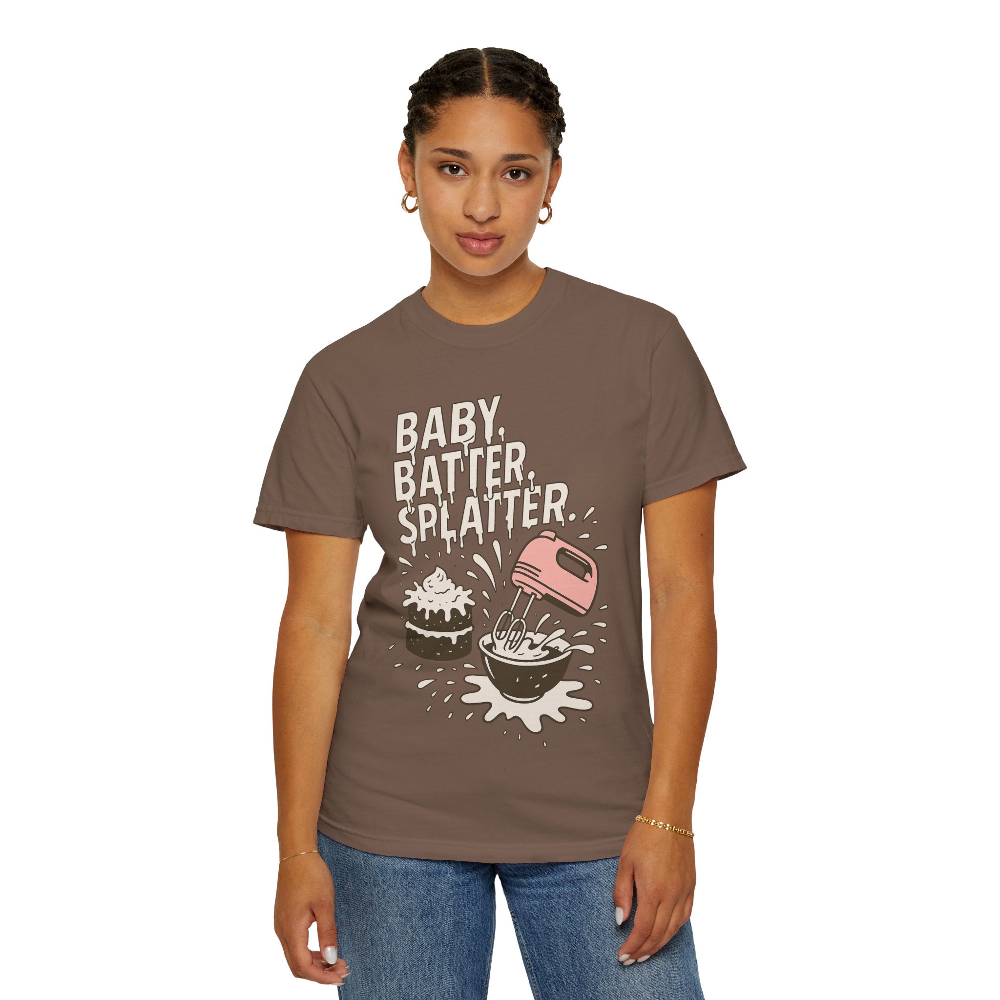 Baking Graphic T-Shirt — “Baby, Batter, Splatter” Cute Mixer & Cake Tee