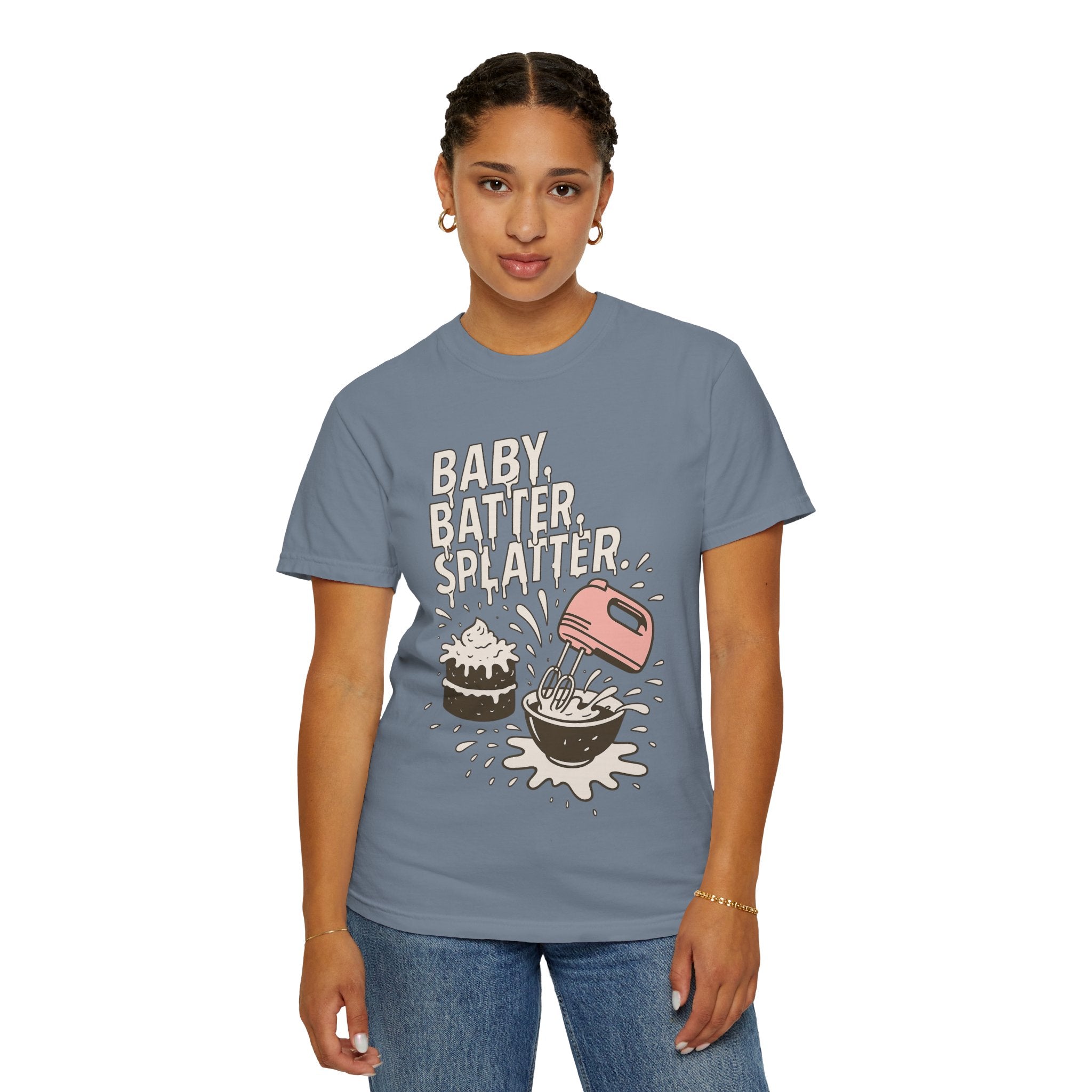 Baking Graphic T-Shirt — “Baby, Batter, Splatter” Cute Mixer & Cake Tee