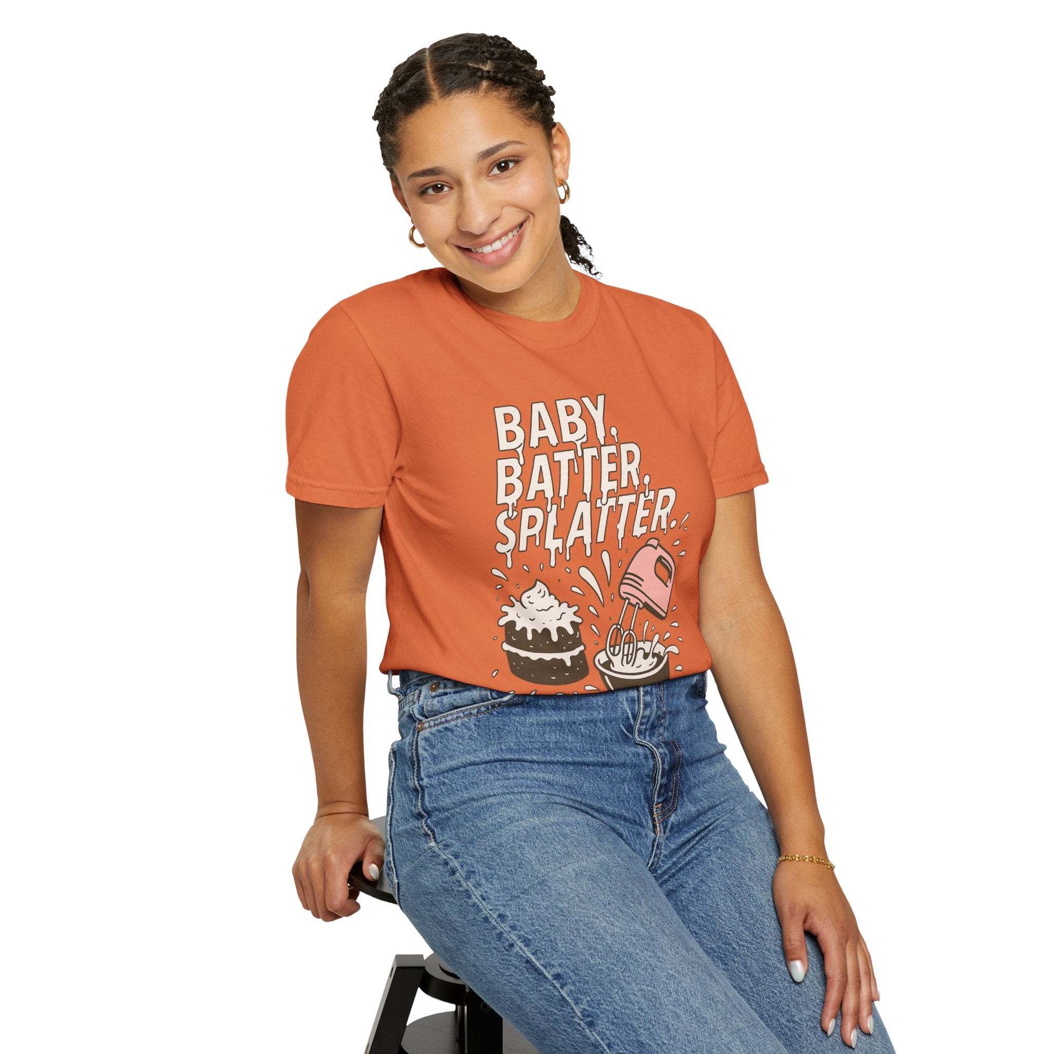 Baking Graphic T-Shirt — “Baby, Batter, Splatter” Cute Mixer & Cake Tee