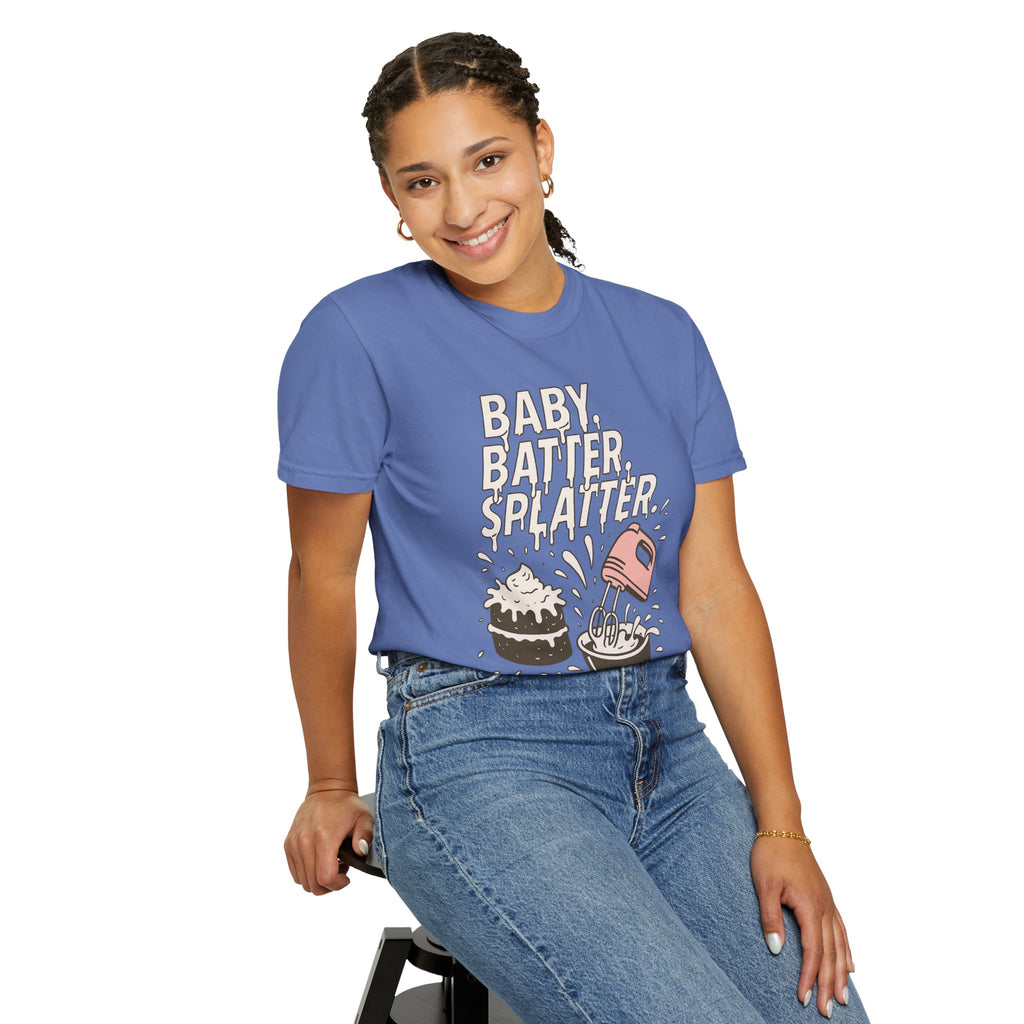 Baking Graphic T-Shirt — “Baby, Batter, Splatter” Cute Mixer & Cake Tee