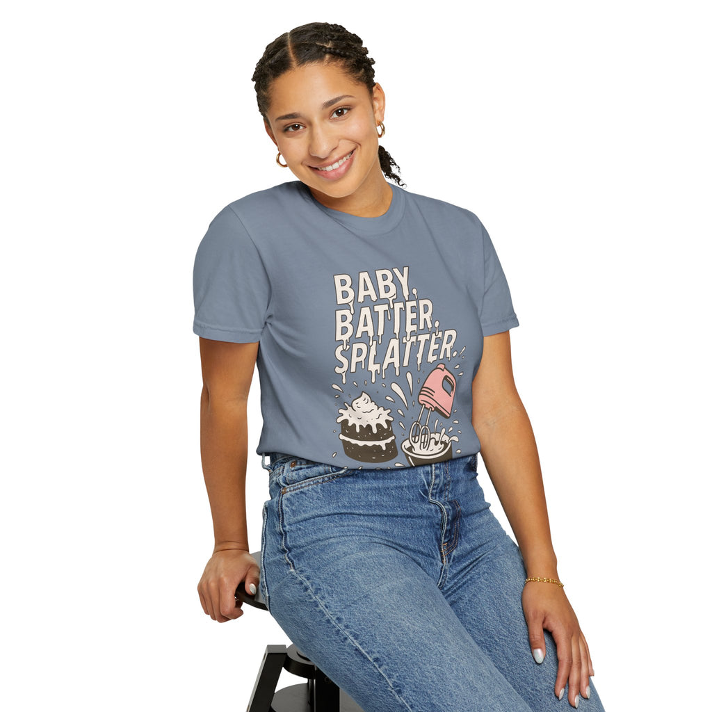 Baking Graphic T-Shirt — “Baby, Batter, Splatter” Cute Mixer & Cake Tee