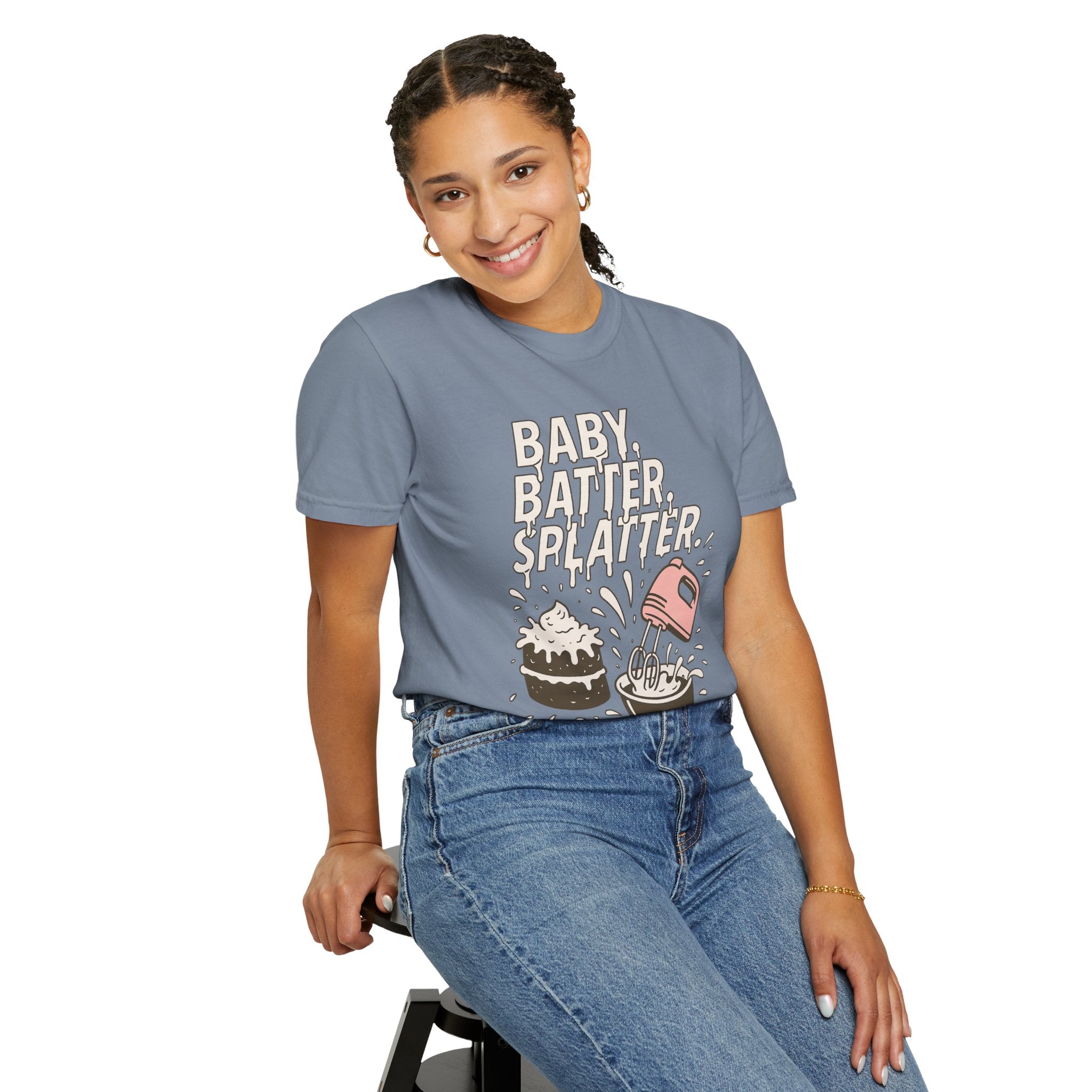 Baking Graphic T-Shirt — “Baby, Batter, Splatter” Cute Mixer & Cake Tee