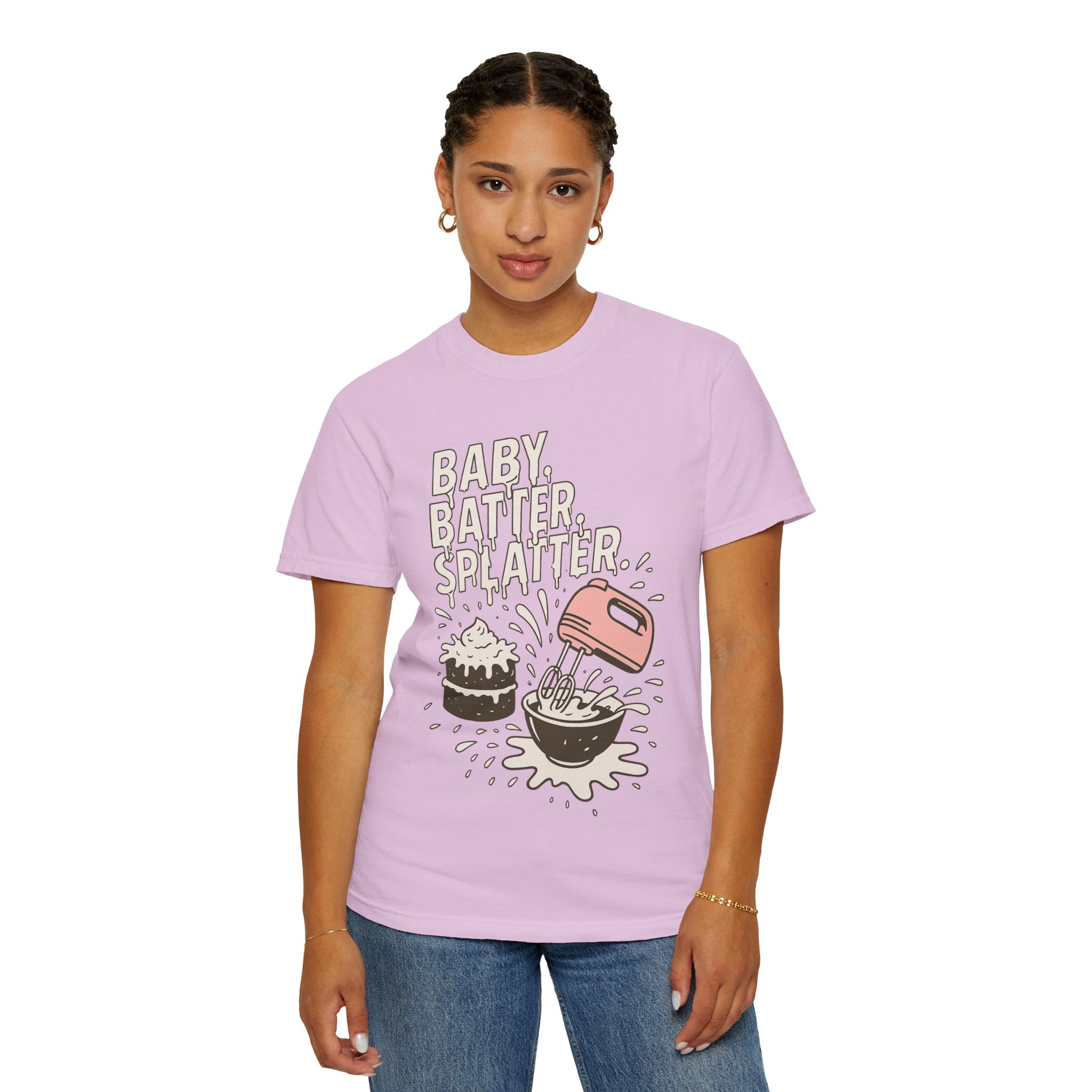 Baking Graphic T-Shirt — “Baby, Batter, Splatter” Cute Mixer & Cake Tee