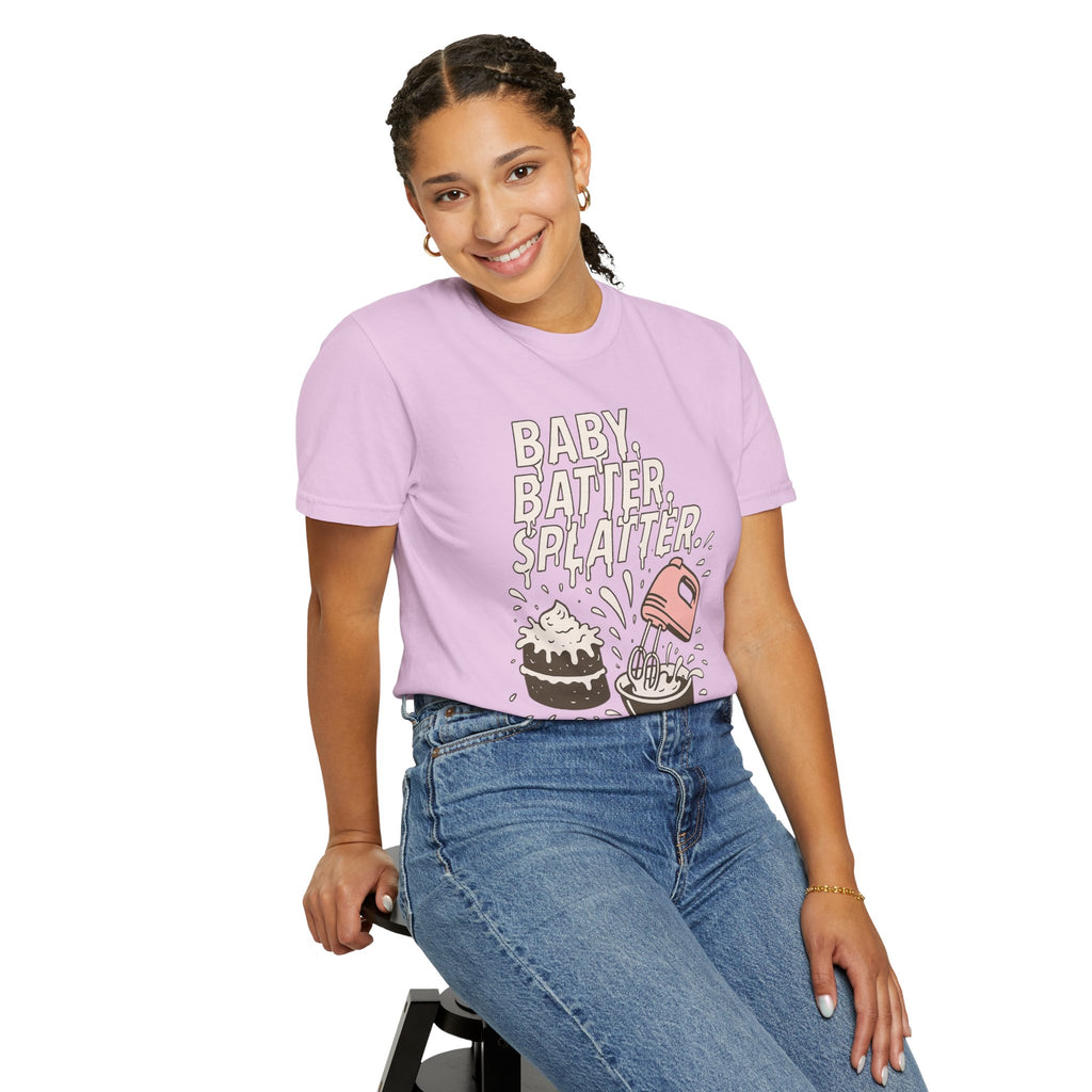 Baking Graphic T-Shirt — “Baby, Batter, Splatter” Cute Mixer & Cake Tee