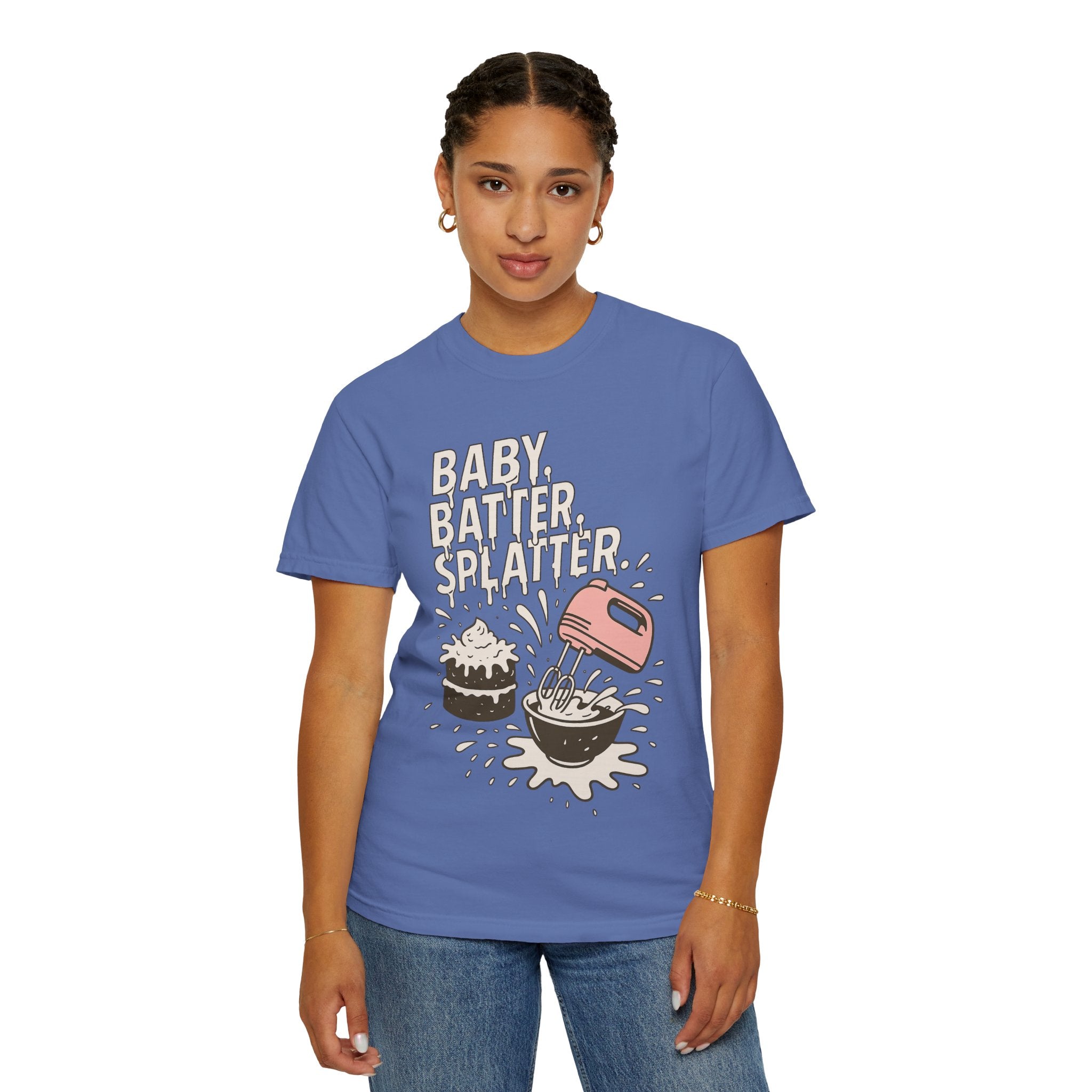 Baking Graphic T-Shirt — “Baby, Batter, Splatter” Cute Mixer & Cake Tee