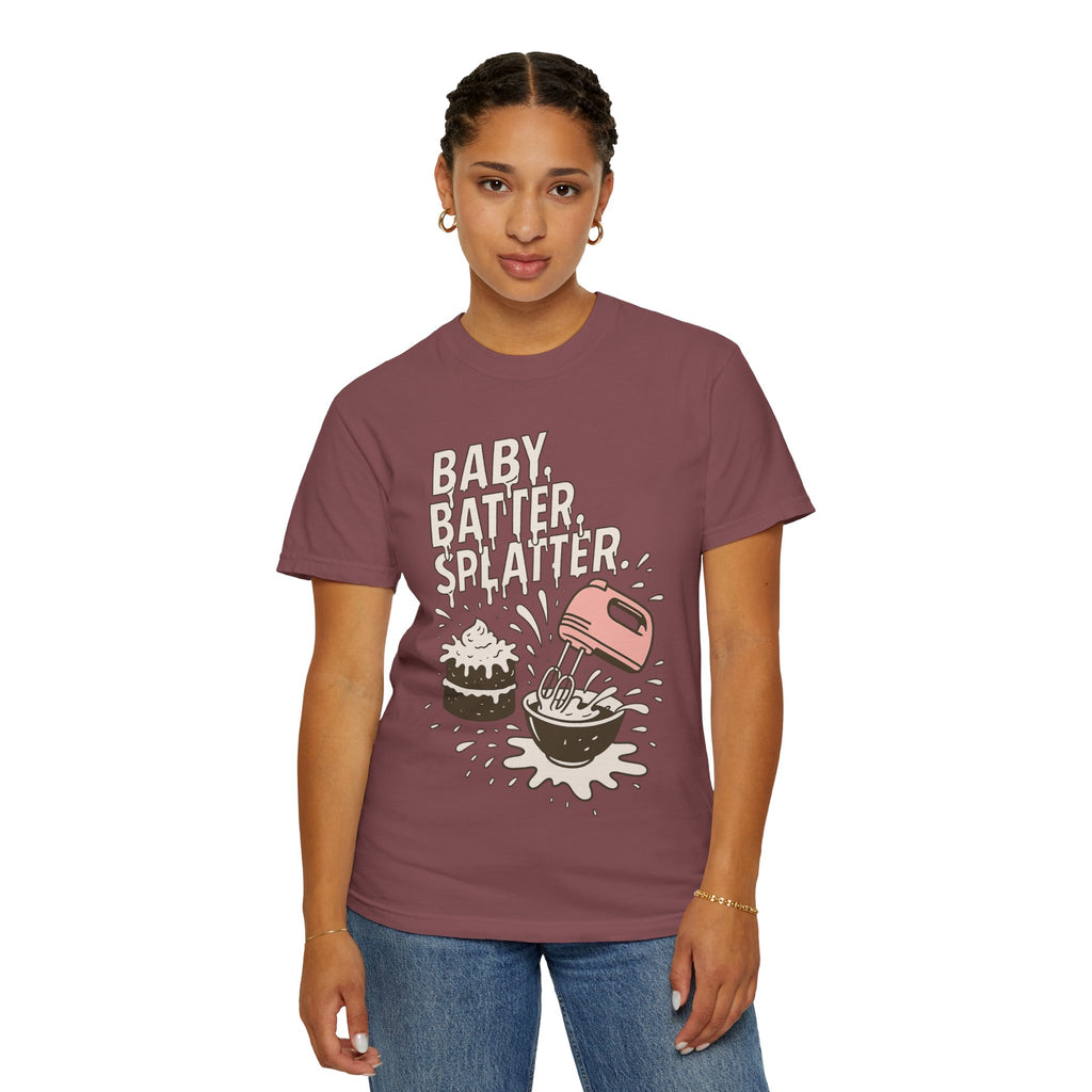 Baking Graphic T-Shirt — “Baby, Batter, Splatter” Cute Mixer & Cake Tee