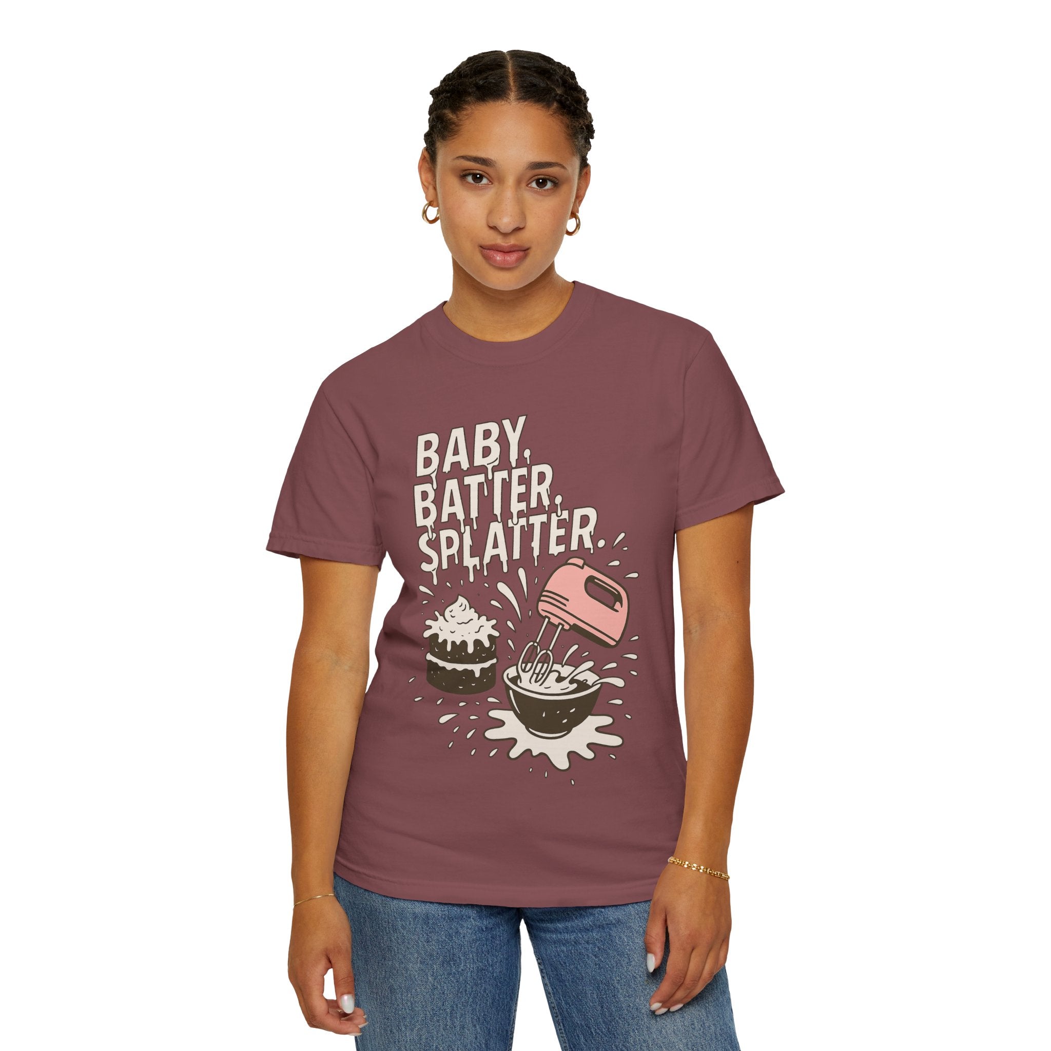 Baking Graphic T-Shirt — “Baby, Batter, Splatter” Cute Mixer & Cake Tee