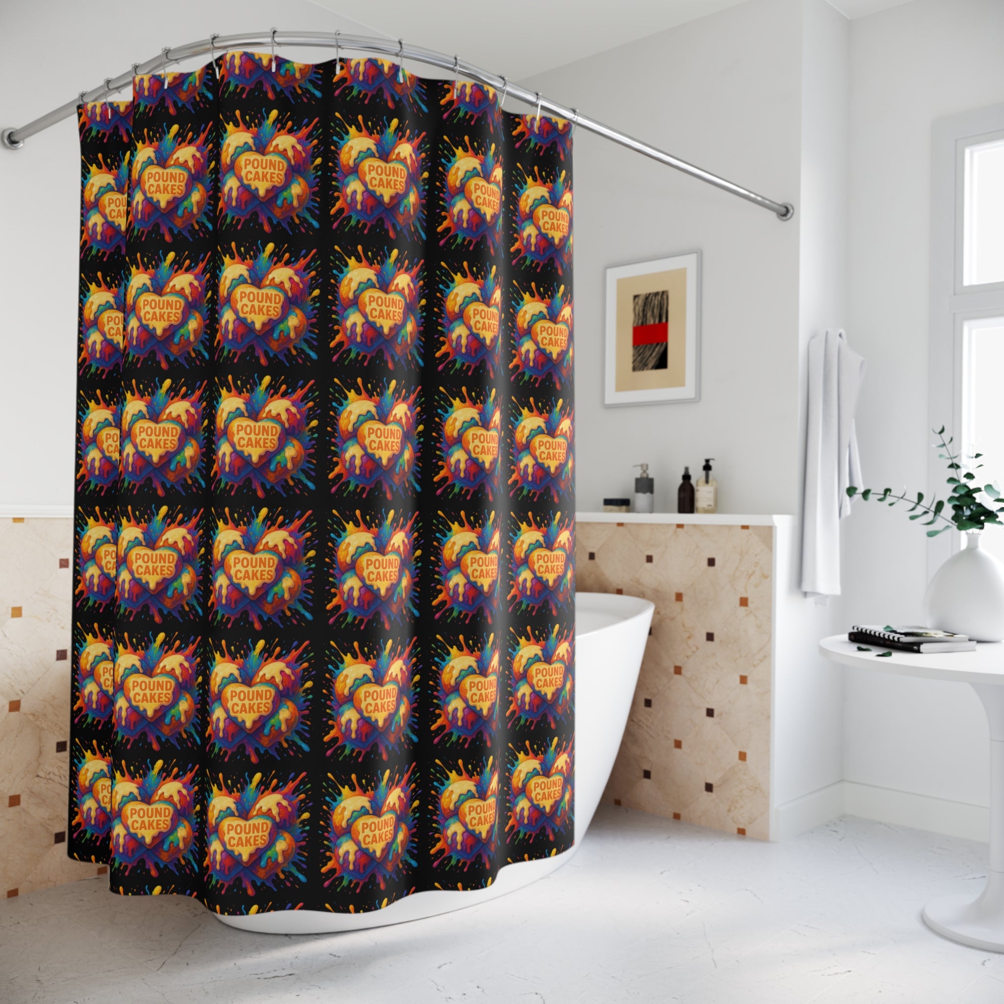 "Pound Cakes" Heart Shower Curtain — Bold Retro Pop Art Bathroom Decor
