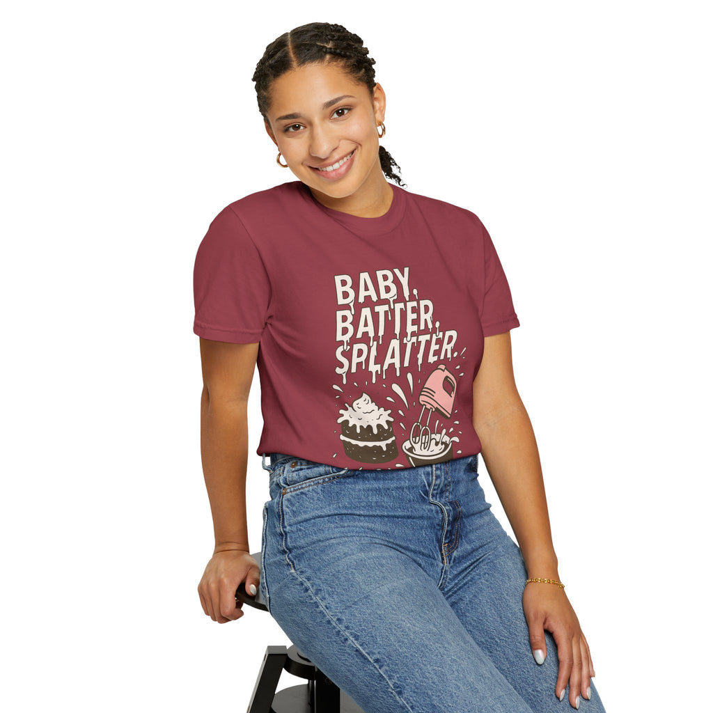 Baking Graphic T-Shirt — “Baby, Batter, Splatter” Cute Mixer & Cake Tee