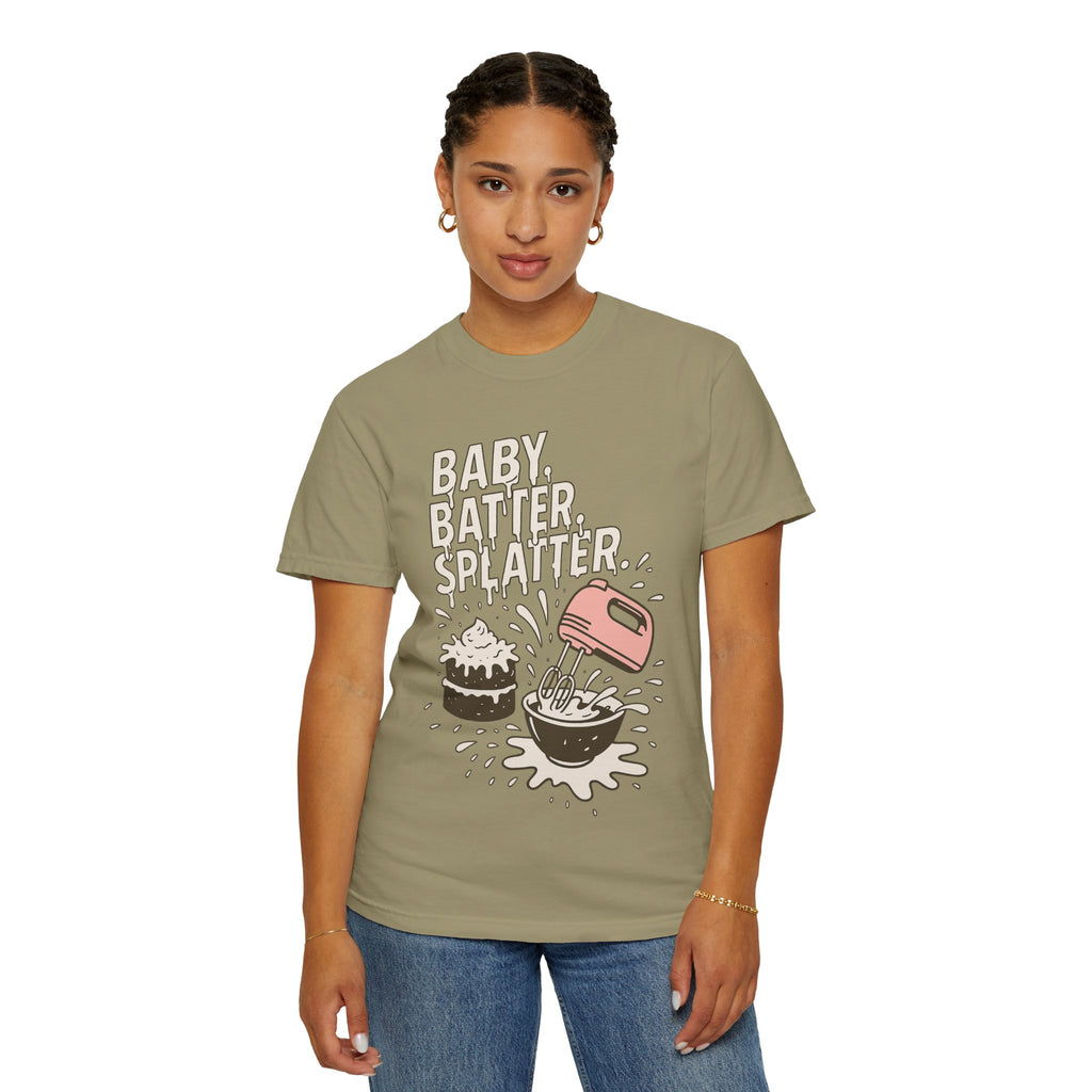 Baking Graphic T-Shirt — “Baby, Batter, Splatter” Cute Mixer & Cake Tee