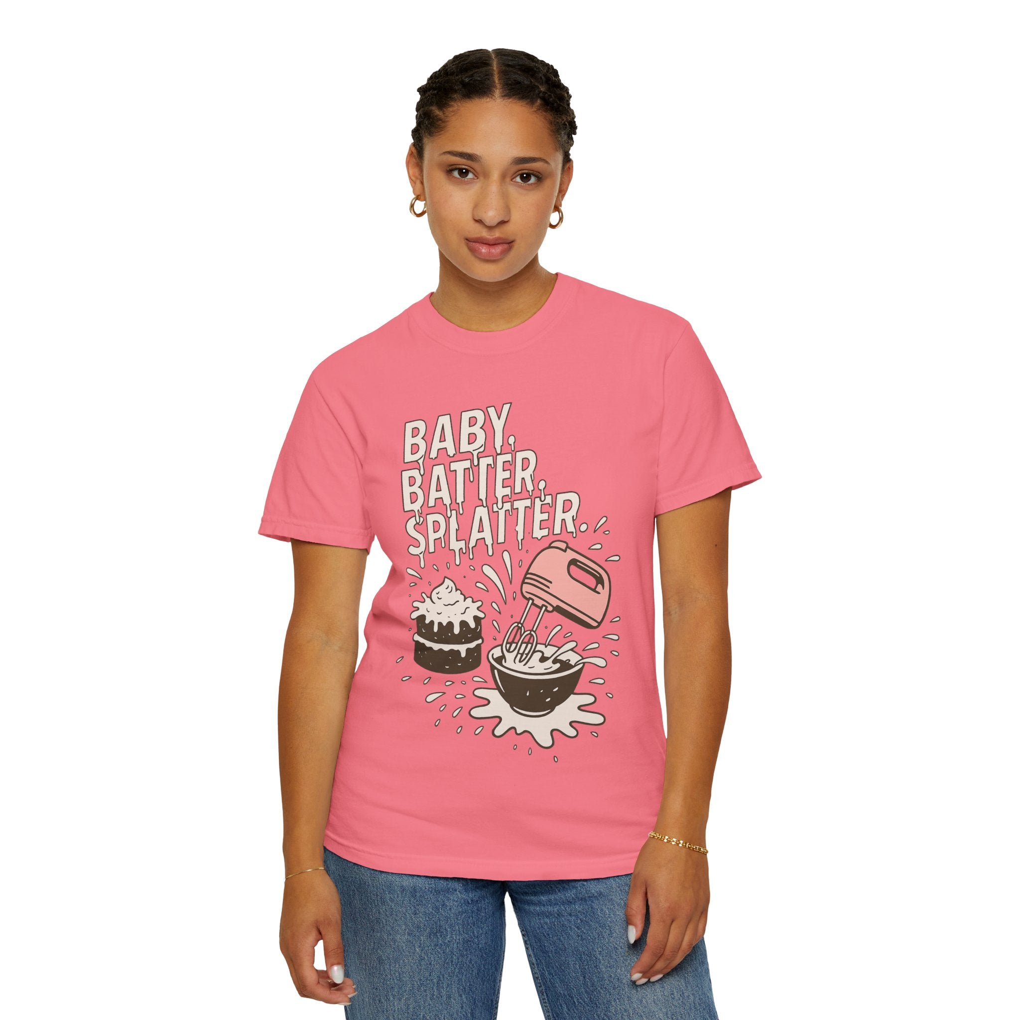 Baking Graphic T-Shirt — “Baby, Batter, Splatter” Cute Mixer & Cake Tee