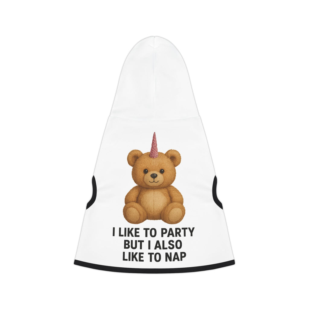 Pet Hoodie — "I Like to Party But I Also Like to Nap" Teddy Unicorn Dog Hoodie