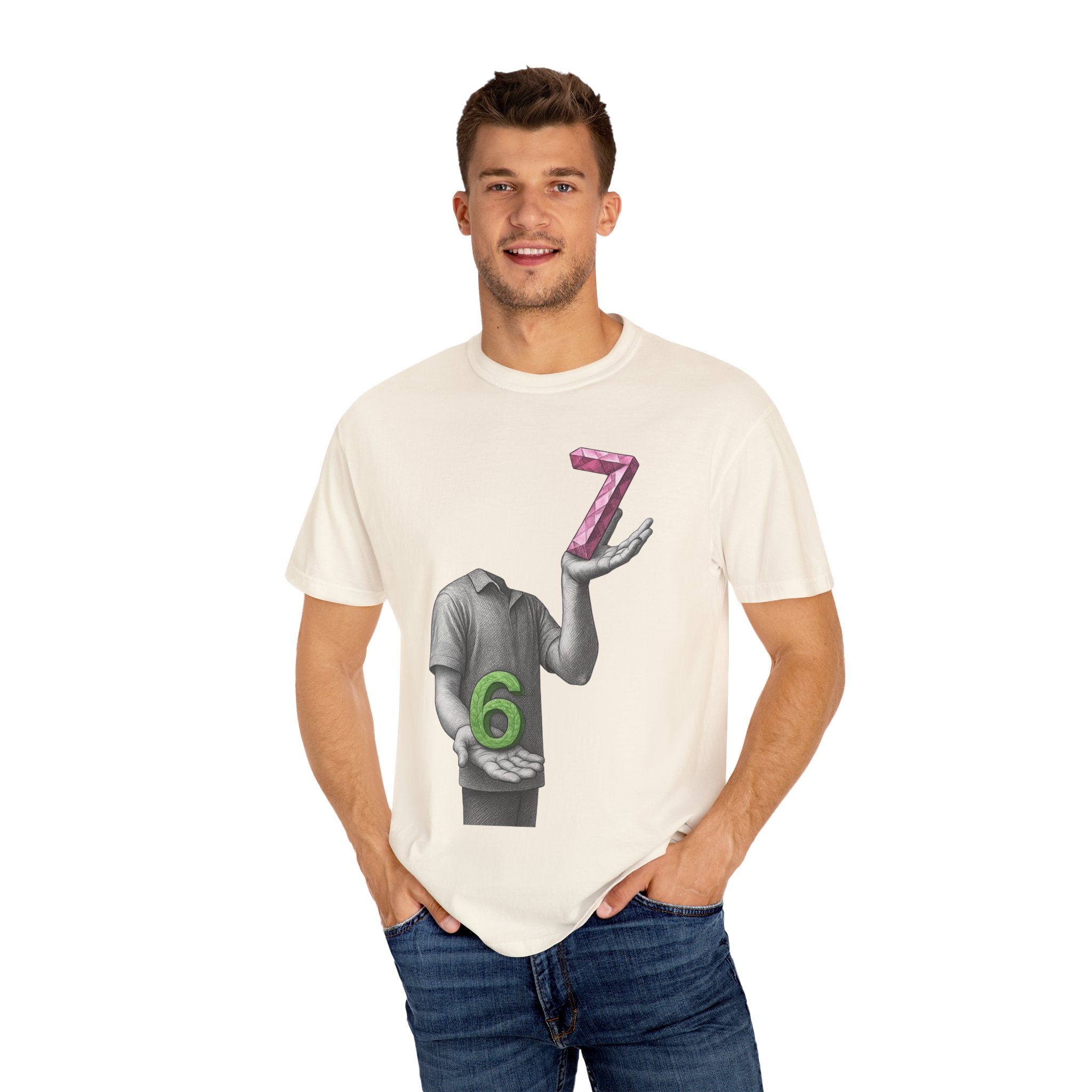 Graphic T-Shirt — Surreal Floating Numbers '6' & '7' Art Tee