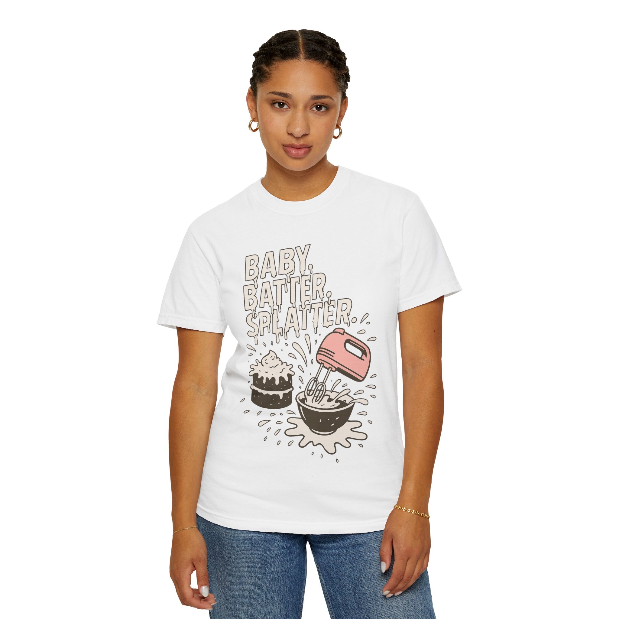 Baking Graphic T-Shirt — “Baby, Batter, Splatter” Cute Mixer & Cake Tee