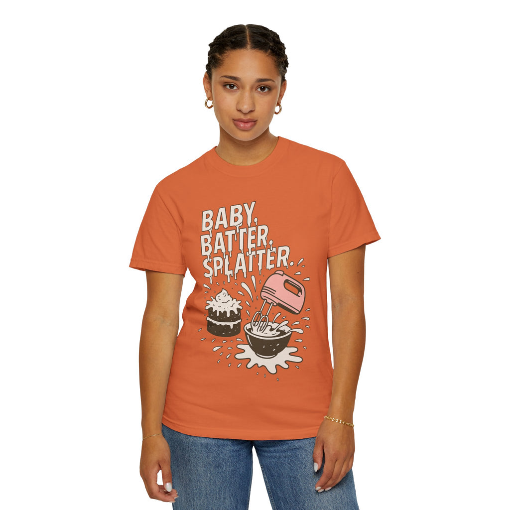 Baking Graphic T-Shirt — “Baby, Batter, Splatter” Cute Mixer & Cake Tee