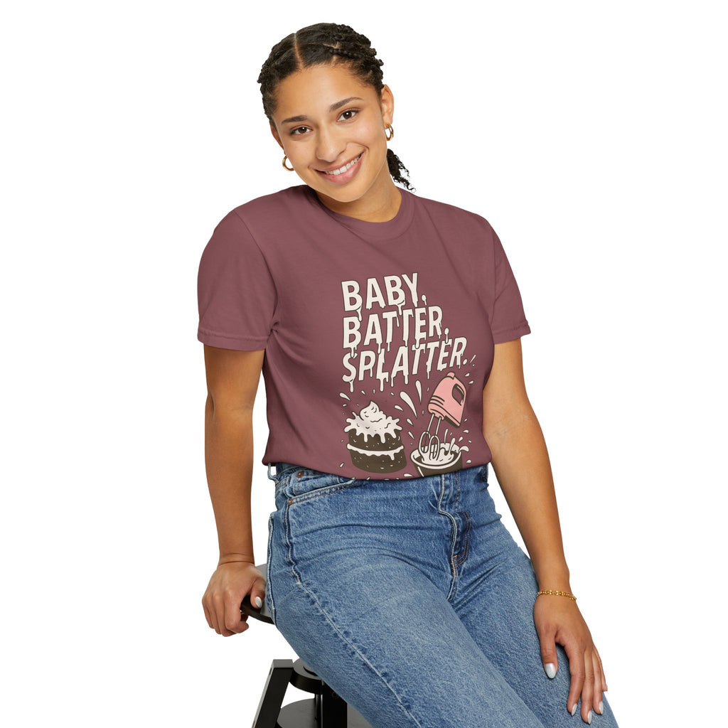 Baking Graphic T-Shirt — “Baby, Batter, Splatter” Cute Mixer & Cake Tee