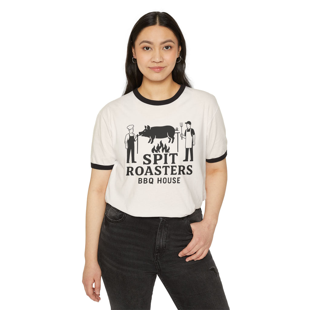 Spit Roasters BBQ House Ringer T-Shirt — Vintage BBQ Pig Roast Tee