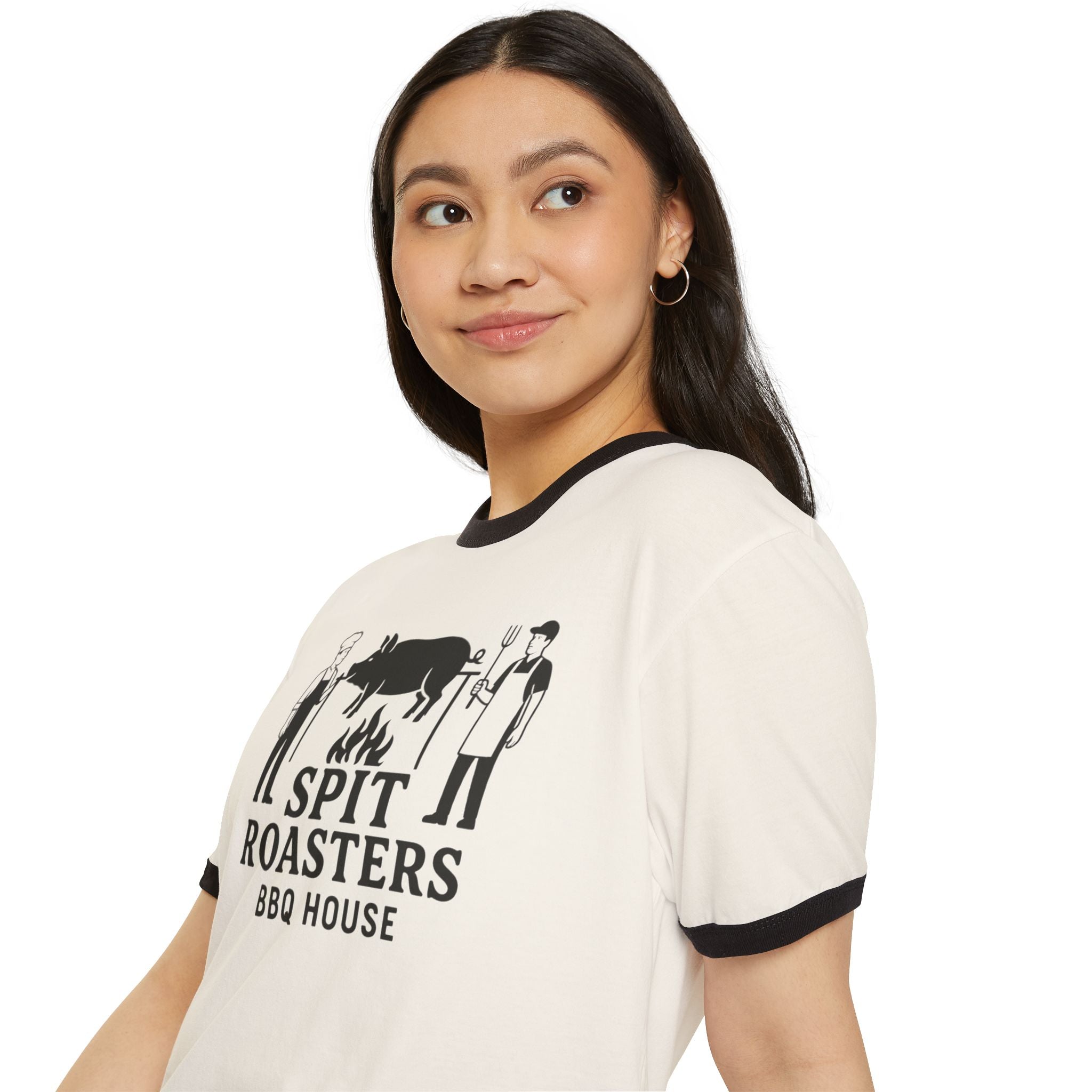 Spit Roasters BBQ House Ringer T-Shirt — Vintage BBQ Pig Roast Tee