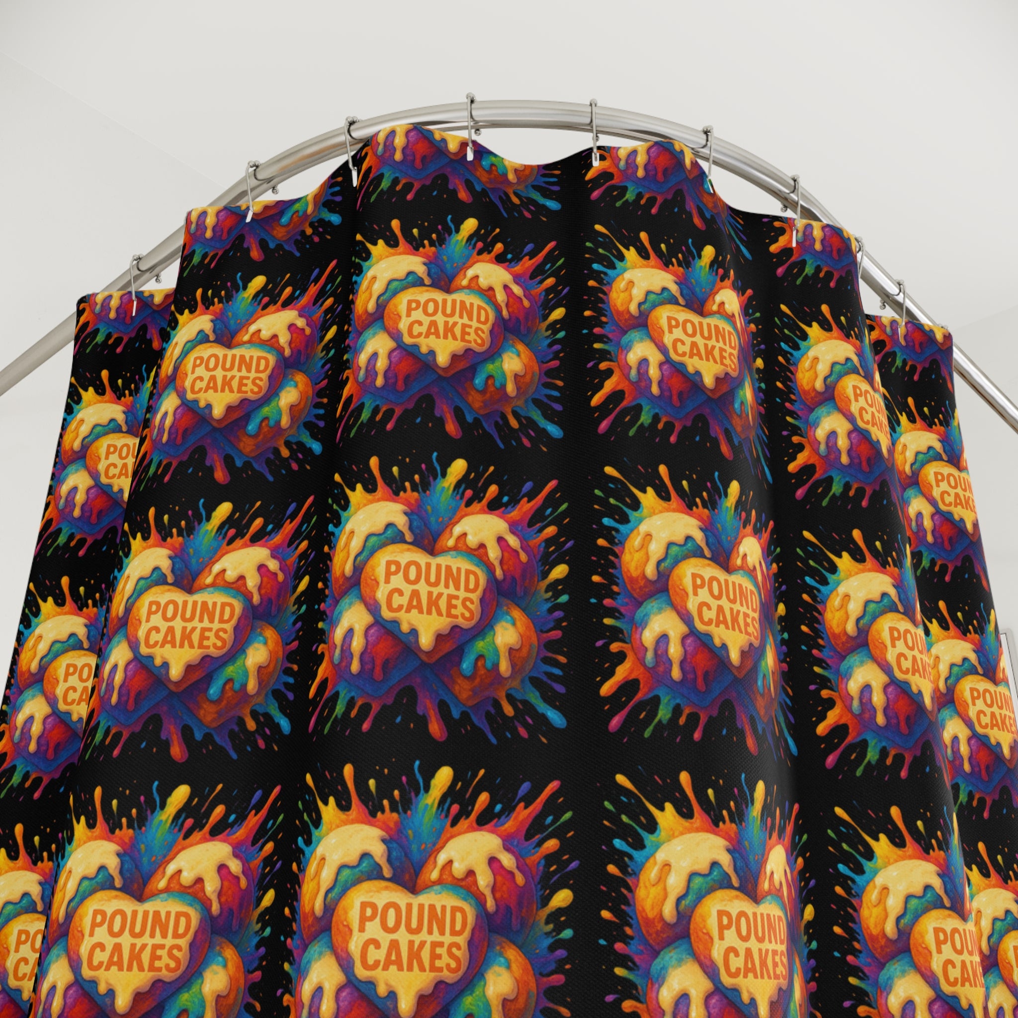 "Pound Cakes" Heart Shower Curtain — Bold Retro Pop Art Bathroom Decor