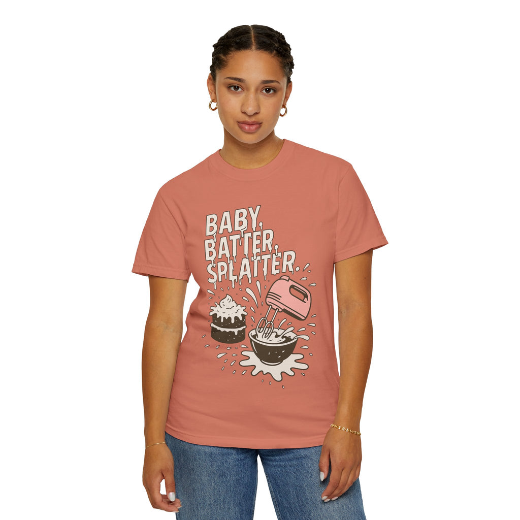 Baking Graphic T-Shirt — “Baby, Batter, Splatter” Cute Mixer & Cake Tee